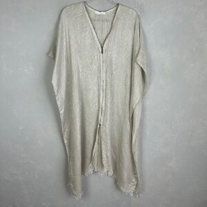 Elaine Kim one size sheer ramie zip up poncho fringe hem beige boho long